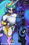  absurd_res anthro anthrofied big_breasts blep breast_squish breasts breasts_frottage clothed clothing darknud equid equine female female/female friendship_is_magic garter_belt garter_straps hasbro hi_res incest_(lore) mammal my_little_pony panties princess_celestia_(mlp) princess_luna_(mlp) sibling sister sisters squish tongue tongue_out topless underwear 