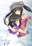  2girls bare_shoulders black_hair blush breasts closed_mouth collarbone dated eyebrows_visible_through_hair fujikawa_daichi hair_ribbon hug kohinata_miku long_hair looking_at_another multiple_girls red_eyes ribbon senki_zesshou_symphogear shiny shiny_hair shiny_skin short_hair sleeping small_breasts tsukuyomi_shirabe twintails yuri 