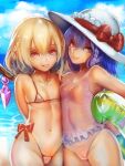  2girls axe_r18 bat_wings beach beach_mat bikini blonde_hair crystal fat_mons flandre_scarlet hat highres labia looking_at_viewer micro_bikini multiple_girls purple_hair red_eyes remilia_scarlet see-through siblings side_ponytail sisters smile swimsuit touhou wings 