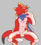  abs anthro balls bandai_namco betelgammamon blush claws collaboration covering covering_face digimon digimon_ghost_game embarrassed erection genitals heibanhikaru hi_res horn joshi_blueflame male penis red_body scarf solo yellow_eyes 