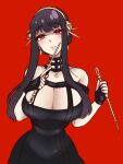  1girl bangs black_hair breasts cleavage curvy dress earrings hair_ornament highres jewelry jojobee large_breasts long_hair looking_at_viewer red_background red_eyes shirt solo spy_x_family yor_briar 