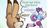  2018 ambiguous_gender anthro archived_source clothed clothing dialogue diaper digital_drawing_(artwork) digital_media_(artwork) english_text fur hair knife monsterbunny shirt simple_background solo speech_bubble standing text topwear young 