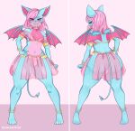  absurd_res arabian_clothing blue_body chiropteran clothing graveyardcat hair hand_on_hip hi_res looking_at_viewer male mammal pink_clothing pink_eyes pink_hair pose rear_view solo terry_bat translucent translucent_clothing 