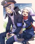  1boy 1girl ^_^ akari_(pokemon) armband black_coat black_headwear blue_hair blue_kimono blue_pants blue_sky blush border bracelet brown_footwear closed_eyes closed_mouth coat commentary_request day flying_sweatdrops grass grey_eyes grey_hair hand_on_another&#039;s_back hand_up happy hat head_scarf heart hetero high_collar highres holding holding_poke_ball ingo_(pokemon) japanese_clothes jewelry kimono kneeling long_hair long_sleeves looking_at_another looking_back obi on_ground open_clothes open_coat open_mouth outdoors own_hands_together pants peaked_cap penpi poke_ball poke_ball_(legends) pokemon pokemon_(game) pokemon_legends:_arceus pouch purple_shirt red_scarf sandals sash scarf seiza shirt short_hair sidelocks sitting sky smile socks teeth torn_clothes torn_coat torn_hat white_headwear white_legwear 