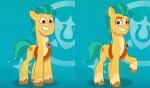  aquamarine_hair badge bean_mouth earth_pony edit equid equine eyebrows hasbro hitch_trailblazer_(mlp) hooves horse justinmacklis looking_at_viewer male mammal mlp_g5 my_little_pony pony raised_eyebrow sash sheriff_badge smile solo turquoise_hair 