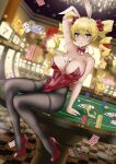  1girl arm_behind_head artist_name bare_arms bare_shoulders between_breasts black_legwear blonde_hair blue_eyes blurry blurry_background bokeh bow bowtie breasts casino casino_card_table chips claire_harvey cleavage commission covered_nipples depth_of_field detached_collar earrings english_commentary eyebrows_visible_through_hair eyelashes food full_body hair_between_eyes hair_ornament hair_ribbon high_heels highleg highleg_leotard highres hundred indoors jewelry large_breasts legs leotard long_hair pantyhose parted_lips playboy_bunny red_bow red_bowtie red_footwear red_leotard red_nails ribbon ryuuneart shadow sitting slot_machine solo spread_legs stiletto_heels strapless strapless_leotard thighs twintails 
