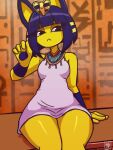  animal_crossing ankha_(animal_crossing) anthro blue_hair clothed clothing deathzera domestic_cat dress egyptian egyptian_clothing felid feline felis female frown hair hi_res looking_at_viewer mammal nintendo sitting solo video_games wide_hips 