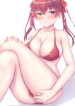  1girl :o bangs bikini bikini_aside blush breasts censored cleavage clothing_aside collarbone crossed_legs eyebrows_visible_through_hair hair_ribbon heterochromia highres hololive houshou_marine large_breasts long_hair looking_at_viewer mosaic_censoring ohguro_mariya pulled_by_self pussy red_bikini red_eyes red_ribbon ribbon sitting swimsuit swimsuit_aside twintails virtual_youtuber white_background yellow_eyes 