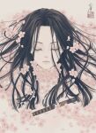  1girl artist_name black_hair cherry_blossoms closed_eyes closed_mouth commentary expressionless eyelashes facing_viewer floating_hair flower flute forehead heike_monogatari highres instrument long_hair original parted_hair petals pink_flower portrait seal_impression signature solo ushiyama_ame white_background 
