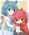  2girls :d animal animal_ears bangs blue_bow blue_eyes blue_hair bow cat cat_ears cat_tail celebration cloak english_text eyebrows_visible_through_hair hair_bow heterochromia holding holding_animal juliet_sleeves karakasa_obake long_sleeves looking_at_another looking_at_viewer multiple_girls open_mouth puchimirin puffy_sleeves purple_umbrella red_eyes red_hair sekibanki short_hair smile symbol-only_commentary tail tatara_kogasa touhou twitter_username umbrella 