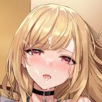  1girl bangs black_choker blonde_hair blush choker commentary_request cum cum_in_mouth cum_on_hair earrings eyebrows_visible_through_hair face facial jewelry kitagawa_marin kuza_brs long_hair looking_at_viewer open_mouth piercing red_eyes solo sono_bisque_doll_wa_koi_wo_suru swept_bangs 