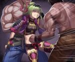  1girl 2boys bangs black_gloves black_shirt black_shorts breasts chinese_commentary clenched_teeth commentary_request crop_top drooling fingerless_gloves genshin_impact gloves green_hair head_out_of_frame highres jacket kuki_shinobu medium_breasts midriff multiple_boys muscular nail_polish one_eye_closed open_clothes open_jacket ponytail punching purple_eyes purple_jacket purple_nails restrained ryona shirt short_hair short_shorts short_sleeves shorts stomach stomach_punch teeth thighhighs topless_male v-shaped_eyebrows yan_(situyan0303) 