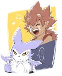  ... anthro bandai_namco digimon digimon_(species) digimon_frontier duo ear_piercing ear_ring flamemon fluffy fluffy_chest fur grey_body grey_fur hair horn humanoid humanoid_pointy_ears male musical_note op7804620 piercing red_hair smile strabimon yellow_eyes 