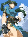  1girl bangs blue_sky breasts cloud cloudy_sky earrings fingerless_gloves fire_emblem fire_emblem:_the_blazing_blade from_below gloves green_eyes green_hair high_collar highres jewelry katana large_breasts long_hair lyn_(fire_emblem) ponytail shino_(2919) sky solo sword thighs weapon 