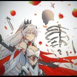  1girl absurdres armor bangs bare_shoulders blue_eyes cape earrings gauntlets hair_ornament highres honkai_(series) honkai_impact_3rd jewelry kiana_kaslana kiana_kaslana_(herrscher_of_flamescion) long_hair petals ponytail red_cape ribs shiying_no_yao skull solo white_background white_hair 