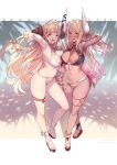  2girls :d ;d anila_(granblue_fantasy) arm_up armpits bangs belt bikini bikini_top_only black_bikini black_footwear blonde_hair blunt_bangs blush bottomless breasts cleavage commentary_request copyright_name dappled_sunlight dark-skinned_female dark_skin day draph female_pubic_hair granblue_fantasy hand_in_own_hair highres horns kumbhira_(granblue_fantasy) large_breasts long_hair looking_at_viewer multiple_girls navel nipple_slip nipples one_eye_closed open_mouth orange_eyes outdoors outstretched_arm palm_tree pointy_ears pubic_hair pussy sandals signature single_horn skindentation smile stomach sunlight swept_bangs swimsuit thigh_strap thighhighs tree twitter_username uncensored v very_long_hair white_bikini white_footwear yellowpaint. 