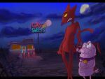  0rpington 4:3 anthro black_ears black_eyebrows black_eyes black_nose black_spots bodily_fluids canid canine canis cartoon_network clasped_hands clenched_teeth cloud cloudscape collar collar_only courage_the_cowardly_dog courage_the_cowardly_dog_(character) dark detailed_background dirt domestic_cat domestic_dog door duo english_text eye_contact eyebrows felid feline felis fur gas_station hi_res holding_leash holding_object hungry interspecies katz_(courage_the_cowardly_dog) leash light looking_at_another looking_back looking_down looking_up male male/male mammal markings moon moonlight night nude pink_body pink_fur plant pupils purple_ears purple_nose red_body red_fur shrub sign size_difference sky slit_pupils spots spotted_body spotted_fur spotted_markings standing store striped_body striped_fur striped_markings stripes sweat sweatdrop tail_motion tailwag teeth text thick_eyebrows whiskers window yellow_sclera 