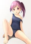  1girl :d bangs bare_arms bare_legs bare_shoulders barefoot black_swimsuit collarbone commentary_request eyebrows_visible_through_hair grey_background highres knee_up looking_at_viewer old_school_swimsuit one-piece_swimsuit original purple_hair red_hair school_swimsuit shadow shibacha side_ponytail sitting smile solo strap_slip swimsuit 