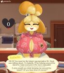  2022 absurd_res animal_crossing anthro big_breasts blush breasts canid canine canis clothed clothing detailed_background dialogue digital_media_(artwork) domestic_dog door english_text eyebrows eyes_closed female front_view gammainks hi_res huge_breasts inside isabelle_(animal_crossing) mammal nintendo open_mouth open_smile shih_tzu smile solo text toy_dog video_games 