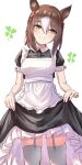  1girl alternate_costume animal_ears breasts brown_hair clothes_lift fine_motion_(umamusume) green_eyes hair_between_eyes hair_ornament herohero_(higashi_no_dou) highres horse_ears horse_girl horse_tail lifted_by_self maid medium_breasts simple_background skirt skirt_lift tail thighhighs umamusume white_background 