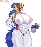  anthro big_breasts blue_hair breasts clothed clothing dumbbell exercise female genitals girlsay hair hi_res legendary_pok&eacute;mon nintendo panties pok&eacute;mon pok&eacute;mon_(species) pussy pussy_floss solo topless underwear video_games weightlifting weights workout zamazenta 