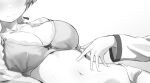 2girls blush bra braid breasts cleavage closed_mouth fankupl greyscale head_out_of_frame highres large_breasts lying lynette_bishop miyafuji_yoshika monochrome multiple_girls navel ponytail strike_witches sweat underwear world_witches_series yuri 