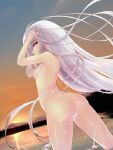  1girl ass bangs breasts brown_eyes fairy_knight_lancelot_(fate) fate/grand_order fate_(series) gradient_sky highres lake long_hair looking_at_viewer nude orange_sky sidelocks sky small_breasts solo sunset thighs tohoho_(hoshinoyami) twilight very_long_hair wading water white_hair 