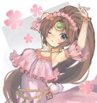  1girl :o armpits blush breasts brown_eyes brown_hair circlet delaware3850 dress fire_emblem fire_emblem:_mystery_of_the_emblem fire_emblem_heroes floral_background flower hair_flower hair_ornament highres linde_(fire_emblem) long_hair medium_breasts one_eye_closed petals pink_dress wristband 