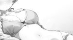  1girl blush bra braid breasts cleavage closed_mouth fankupl greyscale head_out_of_frame highres large_breasts lying lynette_bishop monochrome navel ponytail solo strike_witches sweat underwear world_witches_series 