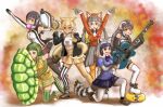  african_penguin_(kemono_friends) animal_ears black_eyes black_gloves black_hair common_raccoon_(kemono_friends) coyopotato coyote_(kemono_friends) gloves highres humboldt_penguin_(kemono_friends) island_fox_(kemono_friends) kani_misomiso kemono_friends kemono_friends_v_project long_hair looking_at_viewer multicolored_hair multiple_girls necktie red-eared_slider_(kemono_friends) shirt shoes simple_background skirt smile tail virtual_youtuber white_shirt 