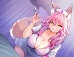  1girl animal_ear_fluff animal_ears artist_name bangs breasts commentary_request dress eyebrows_visible_through_hair eyelashes fate/extra fate_(series) fox_ears fox_girl fox_tail grin hair_between_eyes hat highres large_breasts long_hair looking_at_viewer nurse nurse_cap pink_hair short_sleeves sidelocks smile solo syringe tail tamamo_(fate) tamamo_no_mae_(fate/extra) twitter_username white_dress wisespeak yellow_eyes 