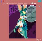  absurd_res animal_crossing anthro athletic balls blonde_hair blush breasts clothing dirt ears_up erection exposed female fence fur genitals grass green_body green_fur hair hi_res intersex intersex/female jacket lagomorph leaning leporid letterman_jacket long_ears looking_down mammal nintendo nipples outside penis plant purple_background rabbit reddit sasha_(animal_crossing) shy simple_background smile text text_box topwear upvote video_games wastester white_body white_fur 