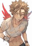  1boy blonde_hair boku_no_hero_academia bracelet dripping ear_piercing earrings facial_hair facial_mark facing_viewer feathered_wings goatee hawks_(boku_no_hero_academia) hip_bones jewelry kadeart long_eyebrows looking_afar male_focus male_underwear mini_wings multiple_bracelets necklace piercing red_feathers red_wings see-through_shirt short_hair simple_background solo squeezing stubble stud_earrings toned toned_male tongue tongue_out twitter_username underwear waistband wet white_background wings yellow_eyes 
