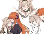  2girls absurdres animal_ears arknights bagpipe_(arknights) bangs blue_eyes blush brown_hair choker closed_mouth hairband highres horn_(arknights) horns joshua_(shisanli934) long_hair multiple_girls one_eye_closed orange_hair parted_lips sketch sleeveless sweat tongue tongue_out wolf_ears wolf_girl 