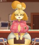  2022 absurd_res animal_crossing anthro big_breasts blush breasts canid canine canis clipboard clothed clothing detailed_background digital_media_(artwork) domestic_dog eyebrows eyes_closed female fingers front_view gammainks hi_res huge_breasts inside isabelle_(animal_crossing) mammal nintendo open_mouth open_smile shih_tzu smile solo toy_dog video_games 