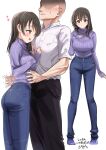  1boy 1girl :d absurdres bald blush breasts denim faceless faceless_male fujiwara_hajime full_body hand_on_own_chest hands_on_another&#039;s_chest heart high-waist_pants highres idolmaster idolmaster_cinderella_girls jeans large_breasts leaning_on_person looking_at_viewer multiple_views pants pizzasi purple_sweater ribbed_sweater shirt simple_background smile sweater toned toned_male trembling white_background white_shirt 