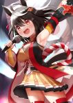 animal_ears armpits black_hair blush breasts cleavage commentary_request detached_sleeves g034hy95t8 hair_ornament highres horse_ears horse_girl horse_tail kitasan_black_(umamusume) medium_breasts medium_hair music open_mouth singing stage sweat tail thighhighs umamusume 