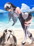  1girl absurdres african_penguin_(kemono_friends) animal_ears black_eyes black_gloves black_hair dragon_star2 gloves highres kemono_friends kemono_friends_v_project long_hair looking_at_viewer multicolored_hair necktie shirt shoes simple_background skirt smile solo tail virtual_youtuber white_shirt 