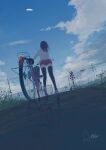  1girl aircraft ayataka bicycle black_legwear blue_sky cloud cloudy_sky day dirigible facing_away from_behind grass ground_vehicle highres medium_hair original outdoors power_lines railroad_signal red_shorts reflection scenery shirt shoes shorts signature sky solo standing thighhighs white_shirt 
