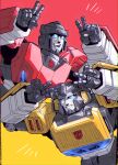  2boys autobot brothers double_v glowing glowing_eyes highres leaning_forward looking_at_viewer mecha multiple_boys nasutetsu open_mouth siblings sideswipe smile sunstreaker transformers v 