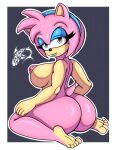  absurd_res amy_rose anthro big_breasts breasts butt eulipotyphlan eyeshadow female grey_background hedgehog hi_res huge_breasts kneeling lipstick looking_at_viewer makeup mammal nude rear_view renegade-157 sega simple_background smile solo sonic_the_hedgehog_(series) 