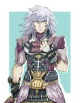  1boy absurdres arm_guards armor belt blue_eyes clenched_hand collar collared_shirt ememtrp fingerless_gloves glaring gloves highres jin_(xenoblade) long_hair muscular muscular_male pale_skin plate_armor purple_shirt shirt silver_hair simple_background sword_hilt xenoblade_chronicles_(series) xenoblade_chronicles_2 