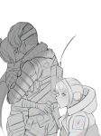  1boy 2girls apex_legends bodysuit cup drinking_straw_in_mouth hair_bun hetero highres holding holding_cup hood hooded_jacket itsaboutspoons jacket kiss lightning_bolt_symbol looking_at_viewer meme mirage_(apex_legends) monochrome multiple_girls otp_and_the_third_wheel_best_friend_(meme) radio_antenna scarf spot_color wattson_(apex_legends) white_background wraith_(apex_legends) 