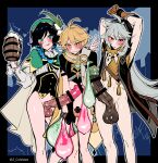  3boys absurdres aether_(genshin_impact) ahoge alcohol bar_censor beer_mug beret black_border black_hair blonde_hair blue_background blue_hair blush border bottomless braid cape censored chastity_cage commentary_request condom condom_on_penis cum cup embarrassed erection excessive_cum eyebrows_visible_through_hair genshin_impact gloves green_eyes grey_hair hat highres hood hoodie huge_penis long_hair mirin_chikuwa mug multiple_boys open_mouth orange_gloves otoko_no_ko penis razor_(genshin_impact) red_eyes short_hair small_penis testicles tongue tongue_out twitter_username used_condom used_condom_on_penis v venti_(genshin_impact) very_long_hair yellow_eyes 