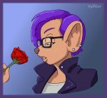  2022 clothed clothing digital_media_(artwork) ear_piercing eyewear female flower glasses hair hi_res humanoid jacket mammal mouse murid murine piercing plant portrait purple_hair rodent rose_(flower) shirt short_hair simple_background solo topwear vylfgor yellow_eyes 