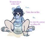  2017 ambiguous_gender anthro archived_source bodily_fluids bow_tie clothing dialogue diaper digital_drawing_(artwork) digital_media_(artwork) dipstick_ears dipstick_tail english_text fur gally_(monsterbunny) genital_fluids hair leaking_diaper markings monsterbunny multicolored_ears shirt simple_background sitting solo tail_markings text topwear urine urine_pool wet_diaper wetting 