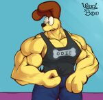  2021 anthro biceps big_muscles big_pecs black_clothing blue_background bottomwear brown_body brown_fur clothed clothing colored denim denim_clothing digital_drawing_(artwork) digital_media_(artwork) flexing fur hi_res jeans looking_away male muscular muscular_anthro muscular_male pants pecs purple_background shaded shirt signature simple_background tank_top text text_on_clothing topless topwear yellow_body yellow_fur yellow_skin 