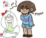  2017 ambiguous_gender anthro archived_source asriel_dreemurr blush bodily_fluids bow_tie clothed clothing diaper digital_drawing_(artwork) digital_media_(artwork) duo english_text frisk_(undertale) fur genital_fluids hair monsterbunny pacifier shirt simple_background sitting smile speech_bubble standing text topwear undertale undertale_(series) urine video_games wet_diaper wetting young 