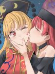  2girls black_collar black_dress black_shirt blonde_hair chain chinese_clothes closed_eyes closed_mouth collar commentary_request crescent dress gold_chain hand_on_another&#039;s_chin heart hecatia_lapislazuli highres junko_(touhou) kiss kissing_cheek long_hair looking_at_another medium_hair multiple_girls off-shoulder_shirt off_shoulder one_eye_closed orange_hair orange_tabard phoenix_crown polos_crown red_hair sei_(kaien_kien) shirt short_sleeves tabard touhou upper_body yuri 