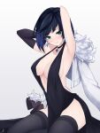  1girl absurdres arms_behind_head arms_up bare_shoulders black_legwear blush bob_cut breasts choker cleavage covered_navel dark_blue_hair dress earrings elbow_gloves genshin_impact gloves green_eyes grin halter_dress halterneck highres hip_vent jacket jewelry large_breasts looking_at_viewer plunging_neckline single_elbow_glove sitting smile sunny721 thighhighs yelan_(genshin_impact) 